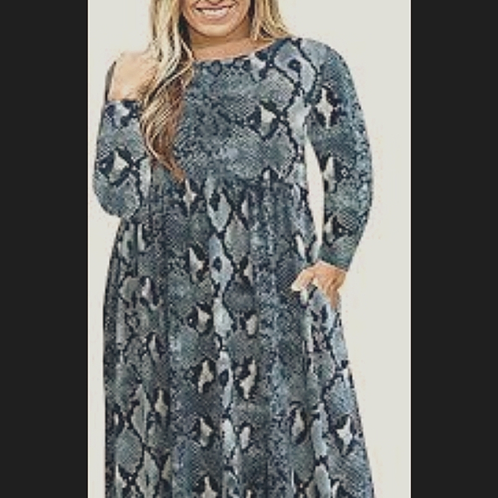 Jersey Knit Dress Black/Gray Relaxed Fit Snakeskin Print Long Sleeve 2XL
